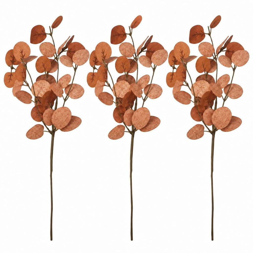 Rust Orange Artificial Dollar Eucalyptus, 3 Faux Terracotta Stems, 14 Inch
