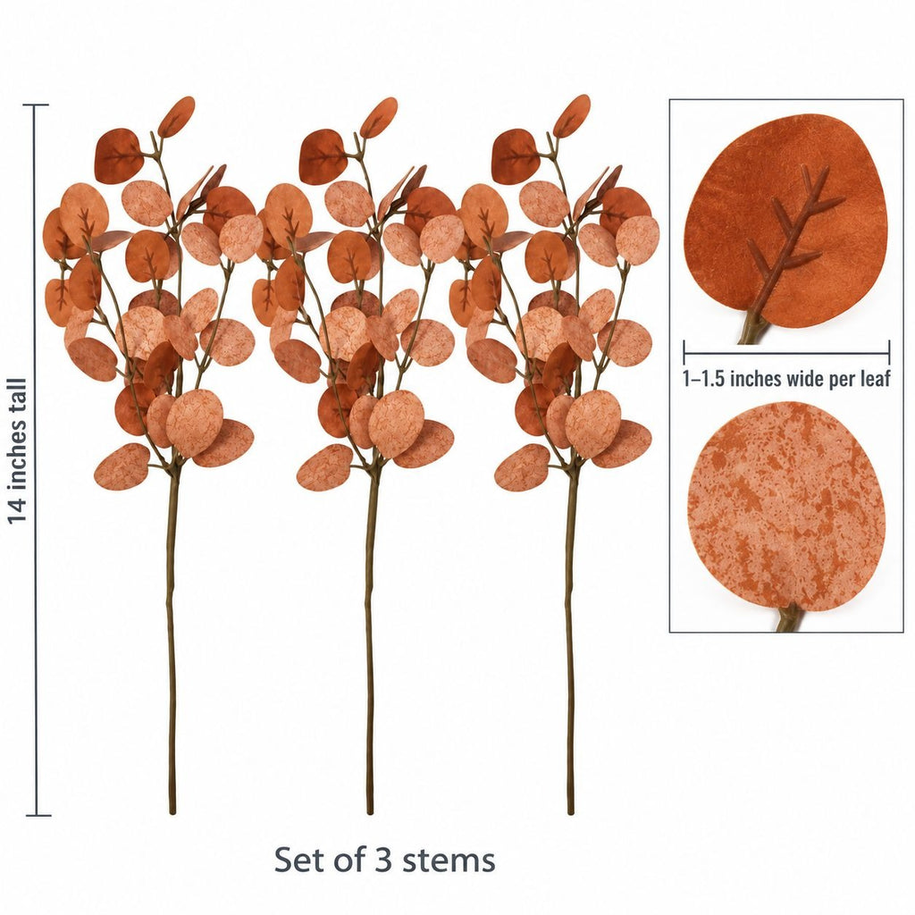 Rust Orange Artificial Dollar Eucalyptus, 3 Faux Terracotta Stems, 14 Inch