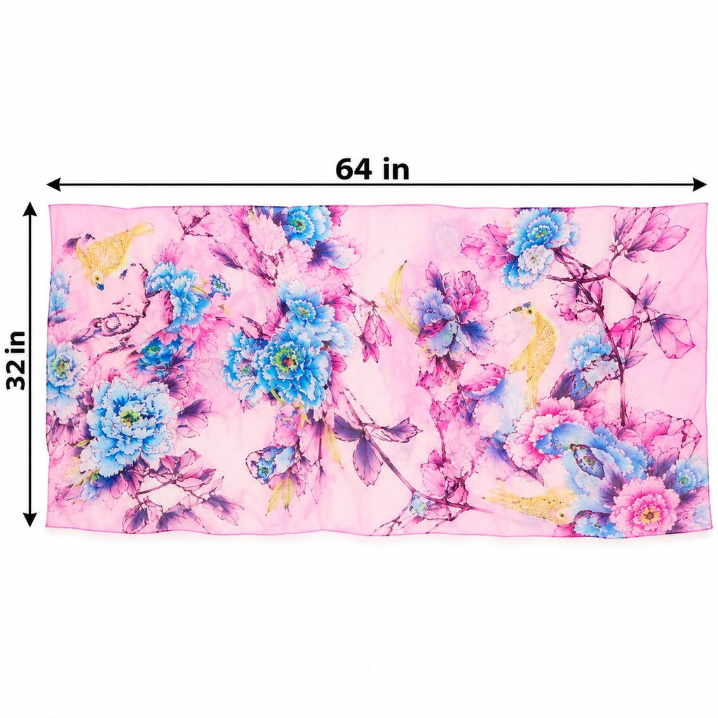A rectangular pink scarf with a watercolor-style floral print in blue, purple, and yellow, shown with dimension lines indicating 64 inches by 32 inches on a white background.
