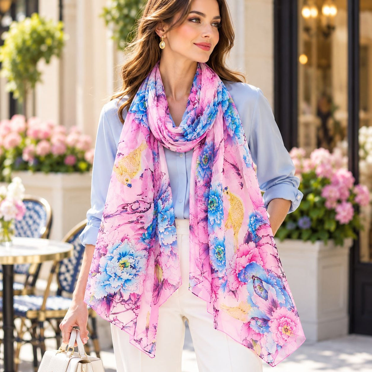 A woman models a lightweight pink floral scarf with blue, yellow, and purple watercolor-style prints, paired with a light blue blouse and white pants in an outdoor cafe setting.