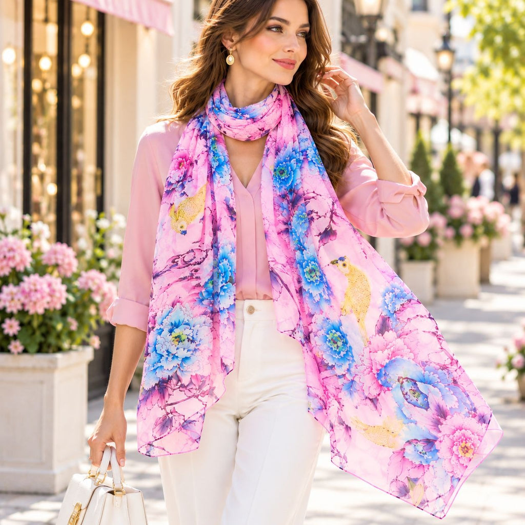 A woman walking outdoors on a sunny street wearing a light pink blouse and white pants, styled with a vibrant pink silk scarf featuring blue, yellow, and purple watercolor floral patterns.