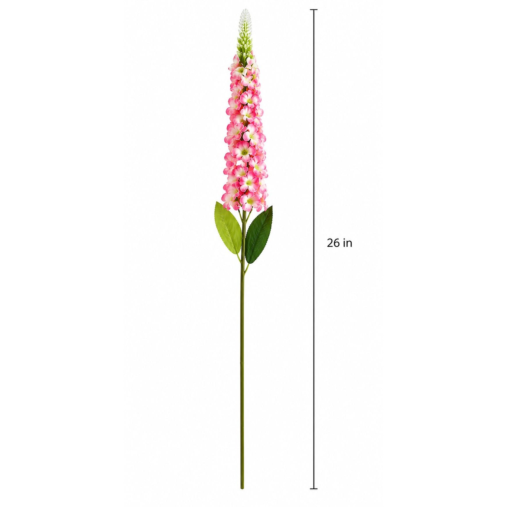 Artificial flower stem with pink flowers and green leaves, 26 inches tall, on a white background.