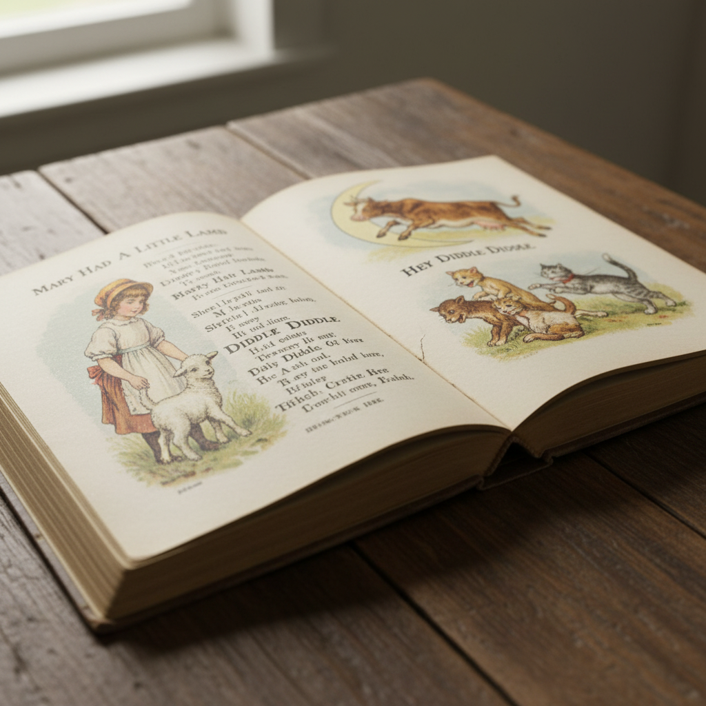 1915 book open showing vintage nursery rhyme illustrations