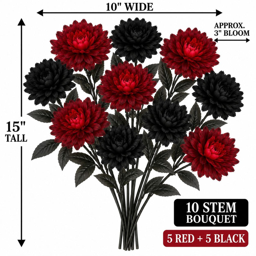 Black and Red Artificial Mum Bouquet, 10 Stems, Gothic Wedding Decor