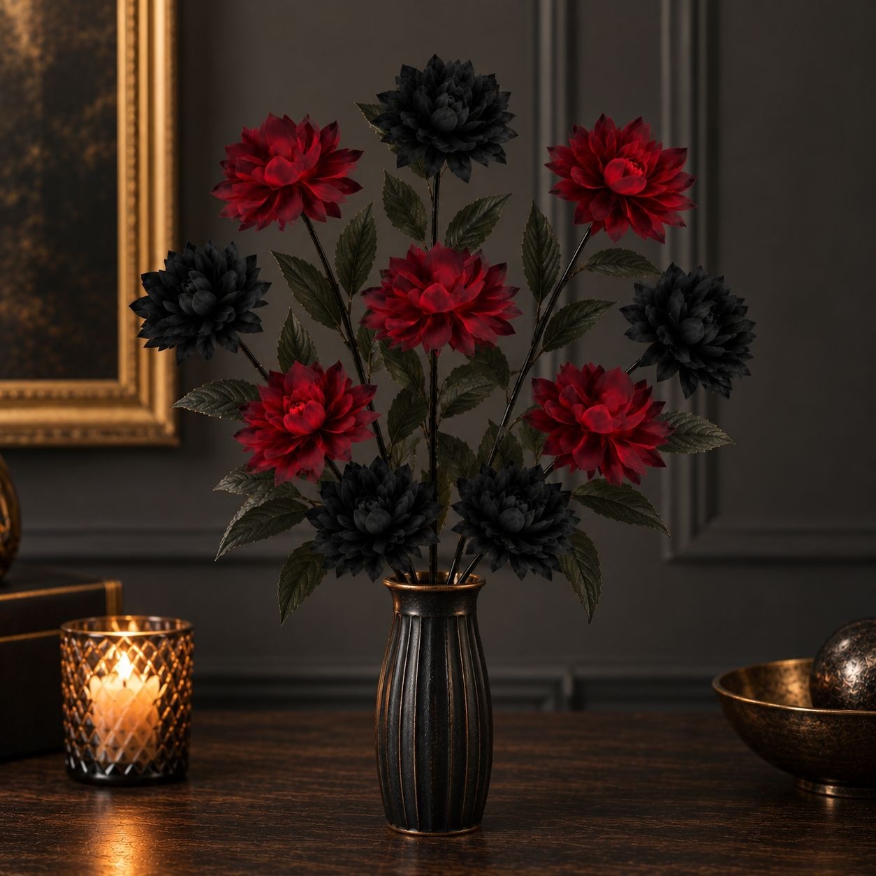 Black and Red Artificial Mum Bouquet, 10 Stems, Gothic Wedding Decor