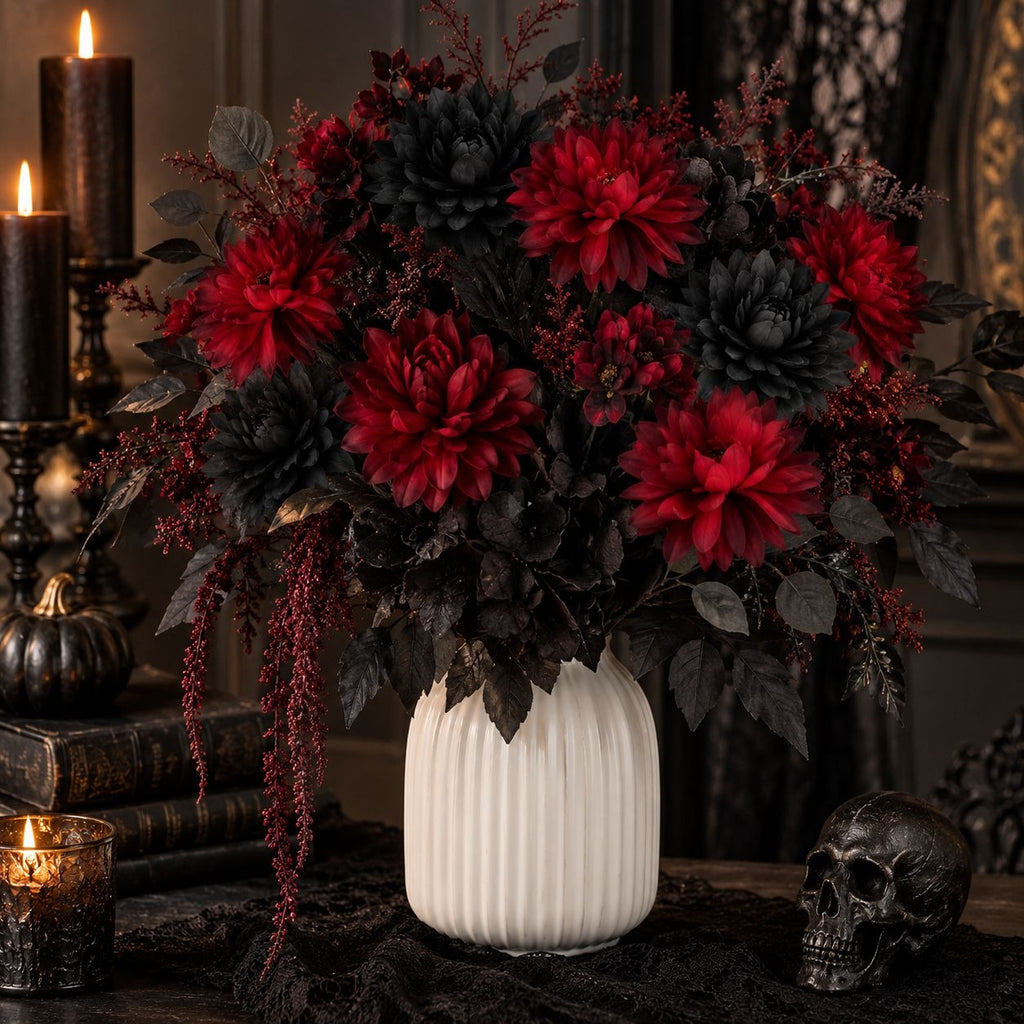 Black and Red Artificial Mum Bouquet, 10 Stems, Gothic Wedding Decor