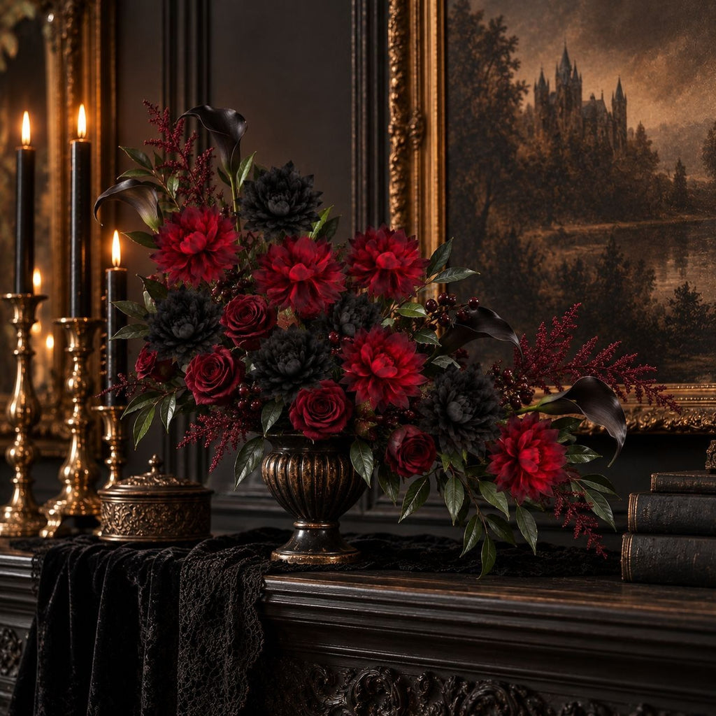 Black and Red Artificial Mum Bouquet, 10 Stems, Gothic Wedding Decor
