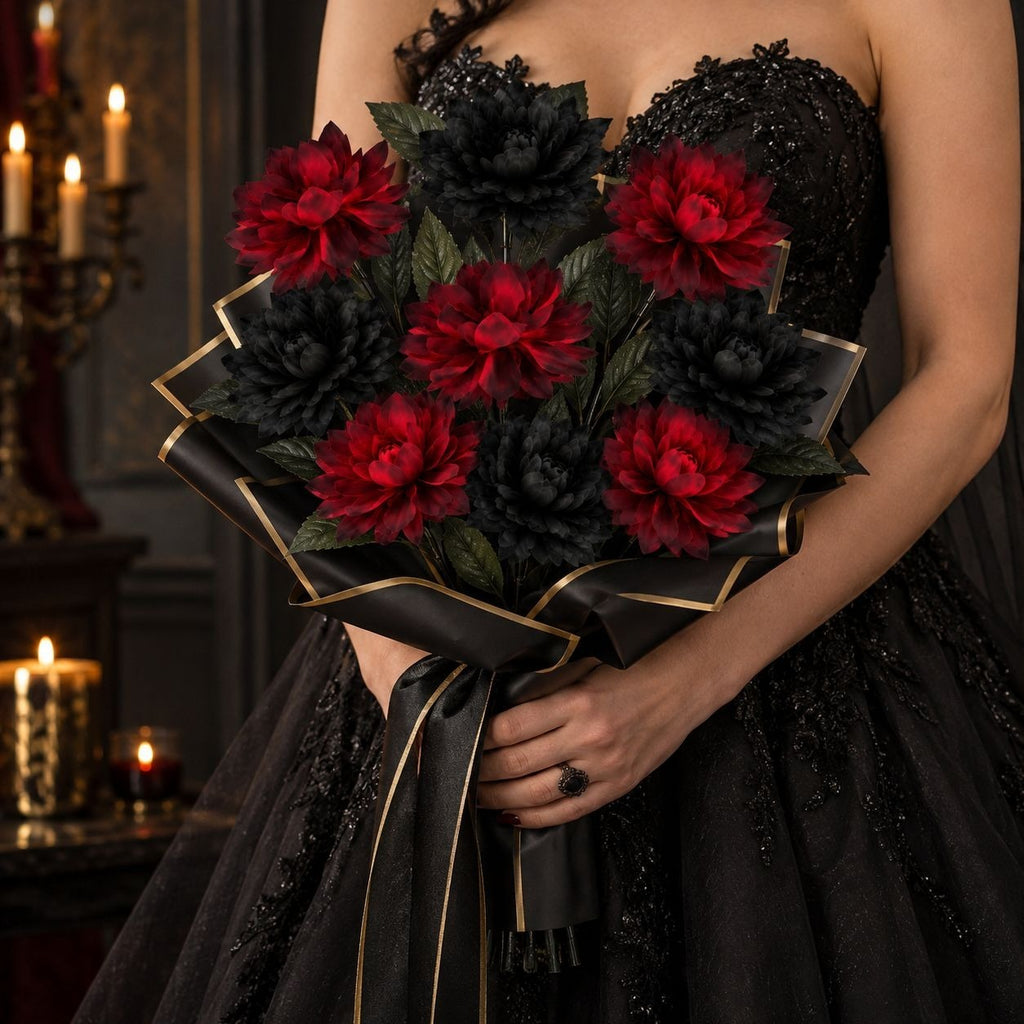 A bouquet of artificial flowers with alternating deep red and black peony-like blooms, wrapped in black ribbon with gold trim, held by a person wearing a black embellished gown in a dimly lit indoor setting with candles.