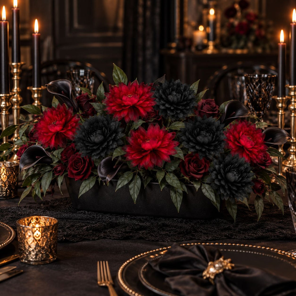 A gothic-style black table centerpiece arrangement featuring vibrant red flowers, black roses, black calla lilies, and green leaves, set in a black rectangular planter on a black tablecloth with gold candlesticks and plates.