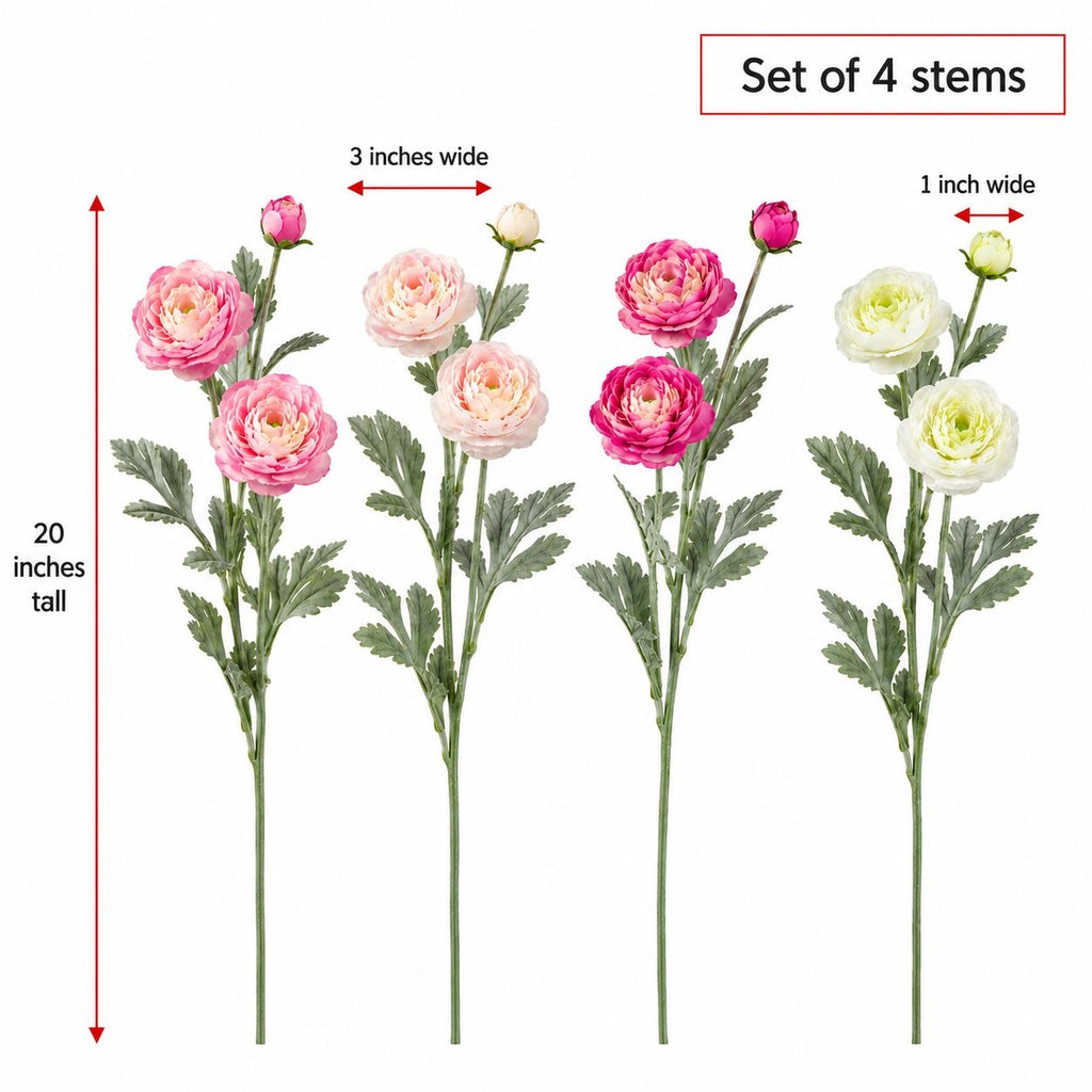 Four artificial flower stems arranged on a white background with measurement callouts showing the set is 20 inches tall, 3 inches wide, and 1 inch wide, with text reading 'Set of 4 stems'. The flowers include pink, blush, and white blooms with green stems and leaves.