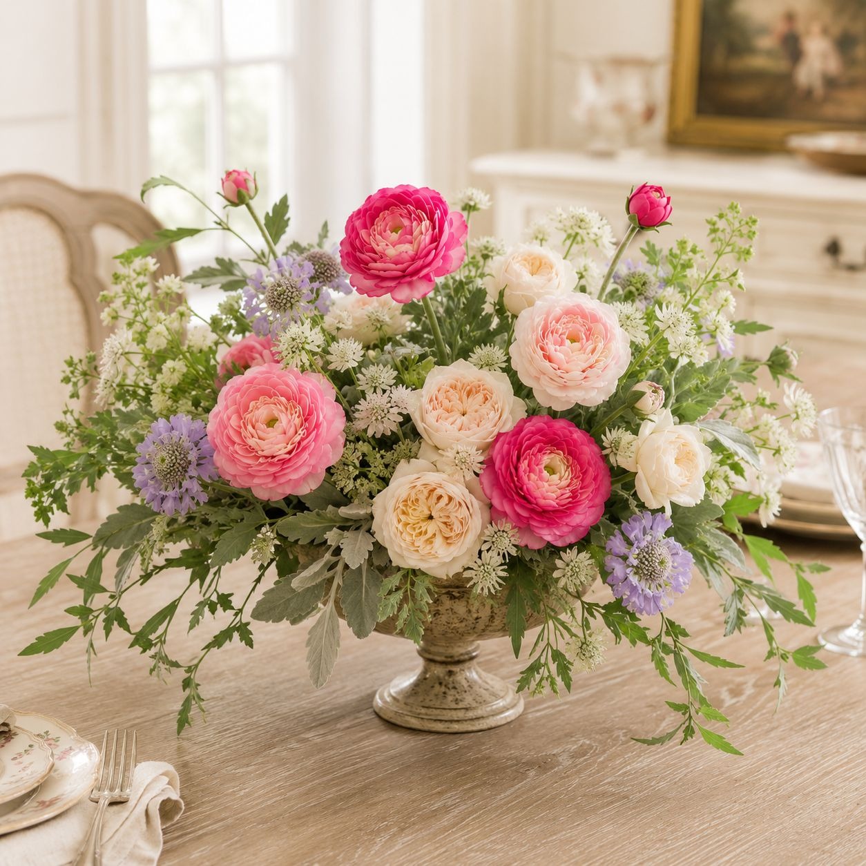 A lush floral centerpiece arrangement in a vintage-style stone pedestal vase, featuring pink and peach ranunculus, cream roses, green foliage, and small lavender-purple flowers, displayed on a wooden dining table in a bright, elegant room.