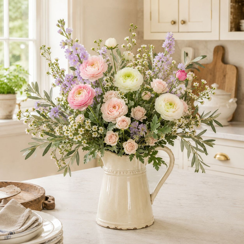 A large, vibrant floral arrangement featuring pink and white ranunculus, lavender spikes, and green foliage, presented in a vintage-style cream ceramic pitcher on a kitchen counter.
