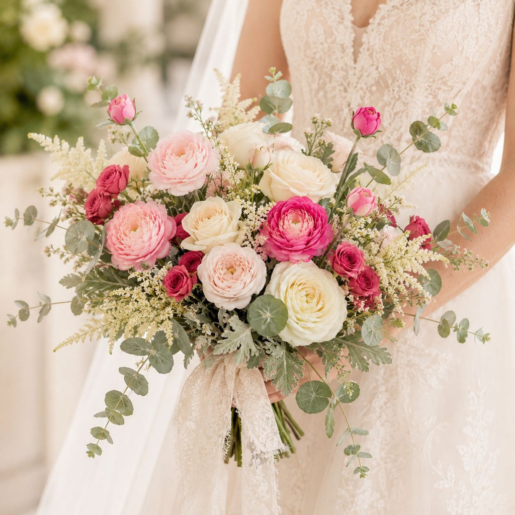 A bridal bouquet filled with pink and cream roses, burgundy roses, and green eucalyptus leaves, held by a bride in a white lace wedding dress.