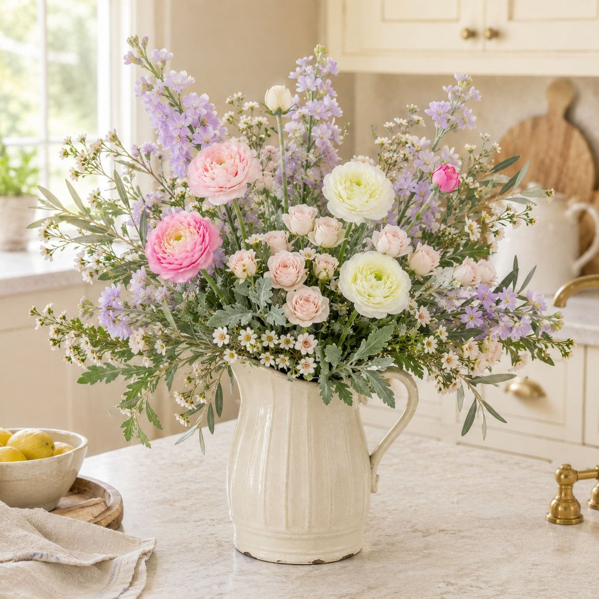 A large, vibrant floral arrangement featuring pink and white roses, lavender delphiniums, and green foliage, presented in a distressed white ceramic pitcher on a kitchen counter.