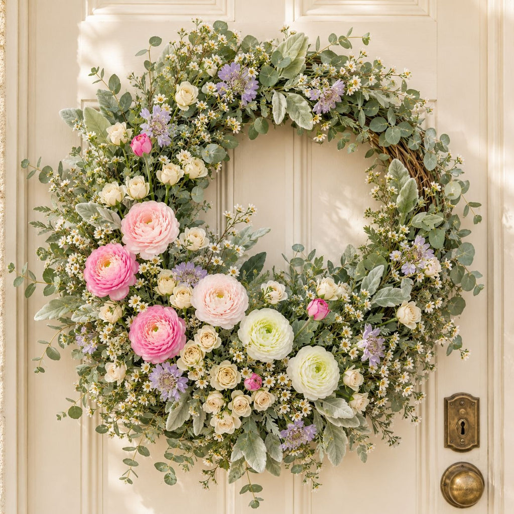 A large floral wreath with pink, white, and lavender flowers and green foliage hanging on a cream paneled door.