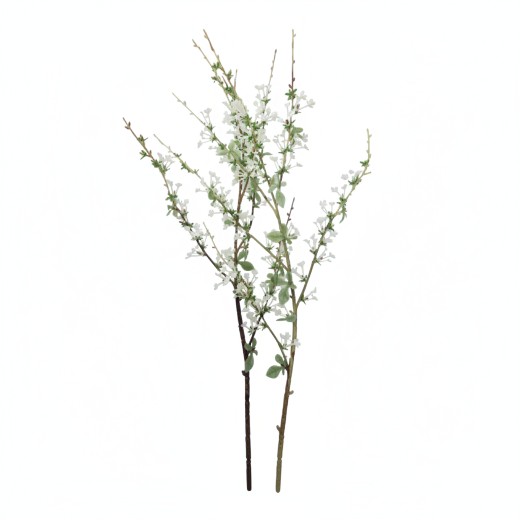 2 artificial white blossom branch stems on pure white background