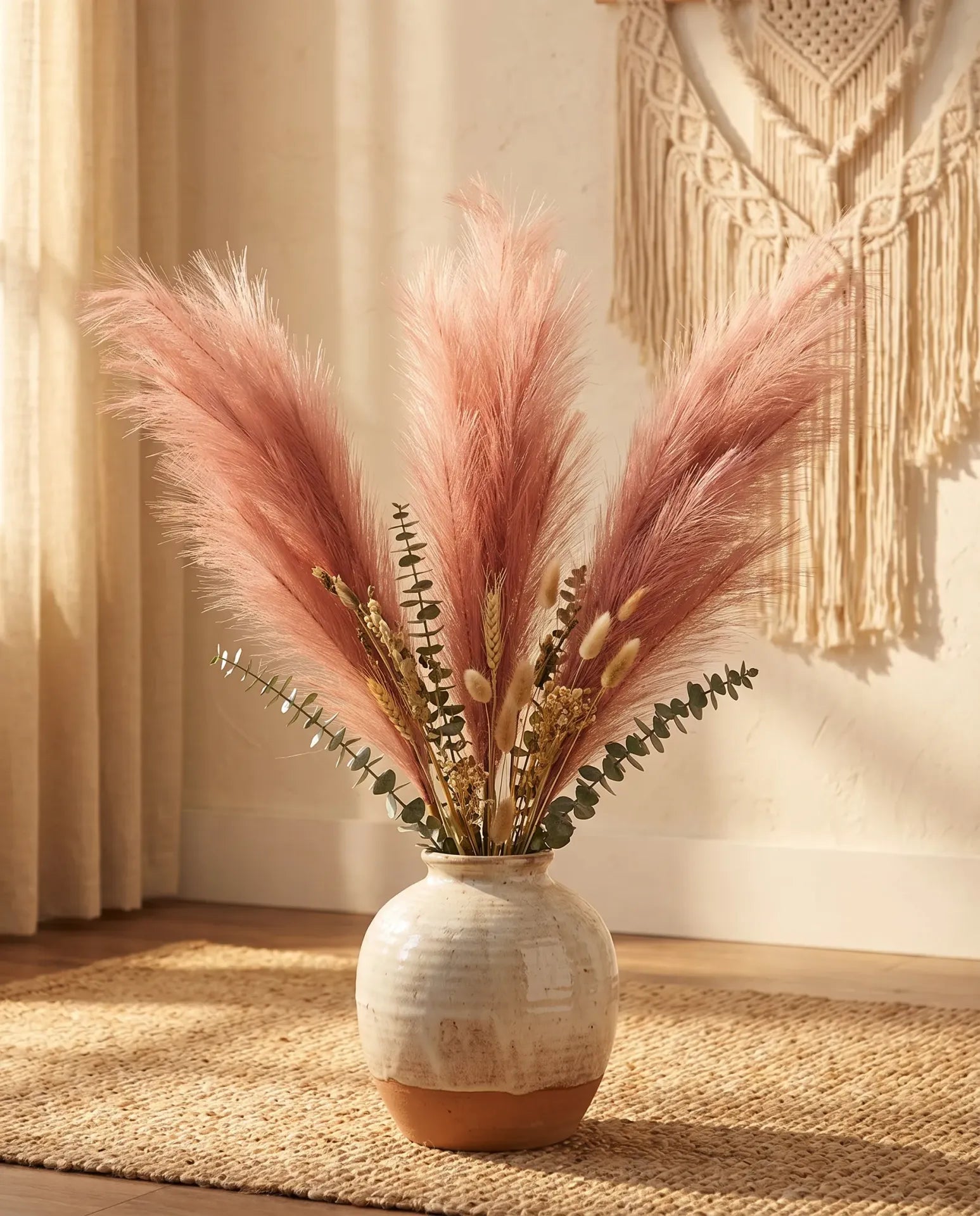 Rose pink faux pampas grass 3 stems in boho ceramic vase with macramé backdrop and golden window light