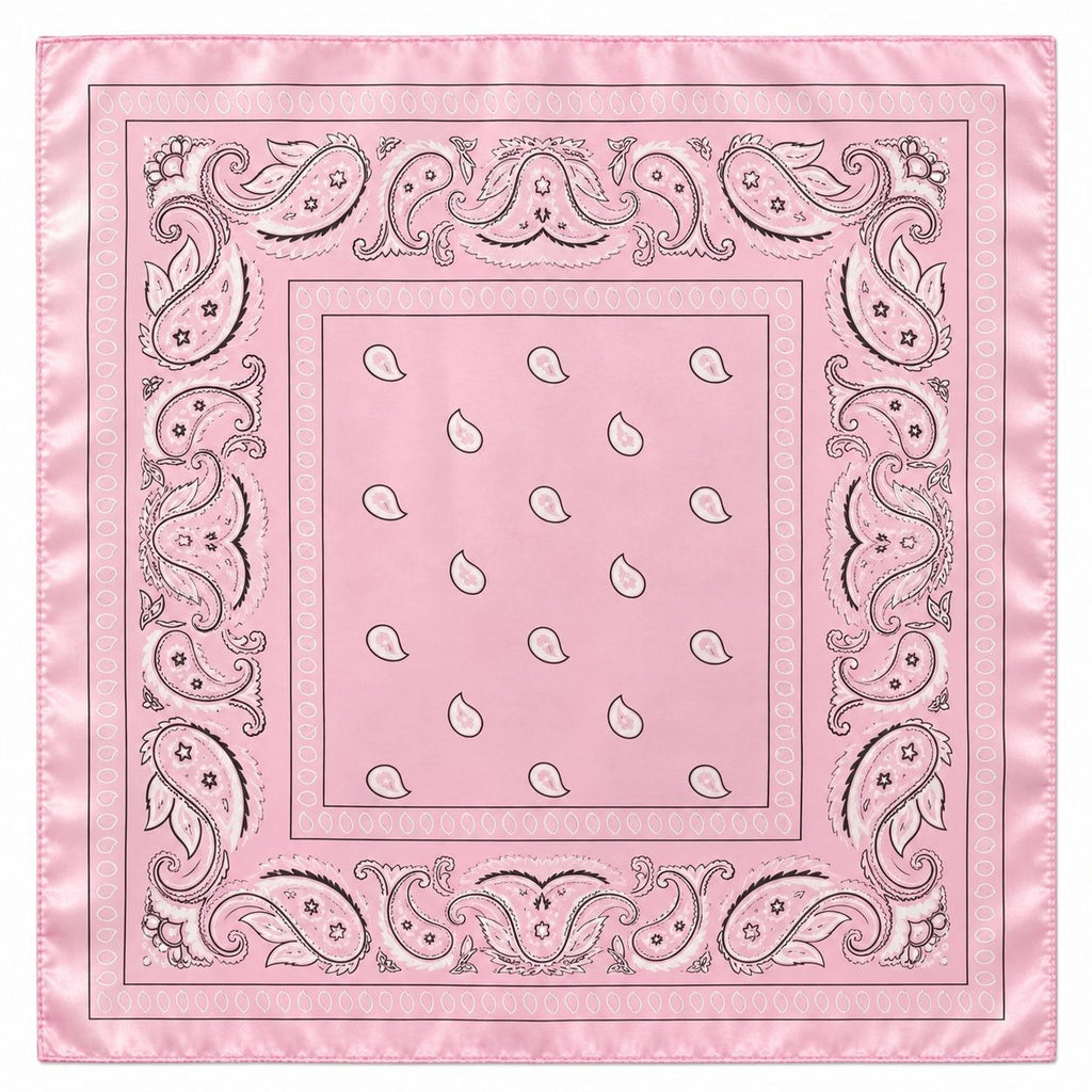 A square pink bandana featuring a classic paisley border and a central field with small teardrop motifs, shown flat against a white background.