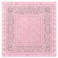 A square pink bandana featuring a classic paisley border and a central field with small teardrop motifs, shown flat against a white background.