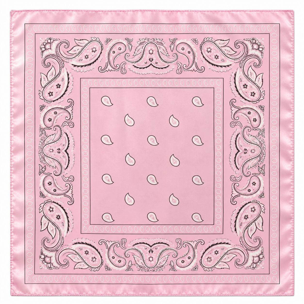 A square pink bandana featuring a classic paisley border and a central field with small teardrop motifs, shown flat against a white background.
