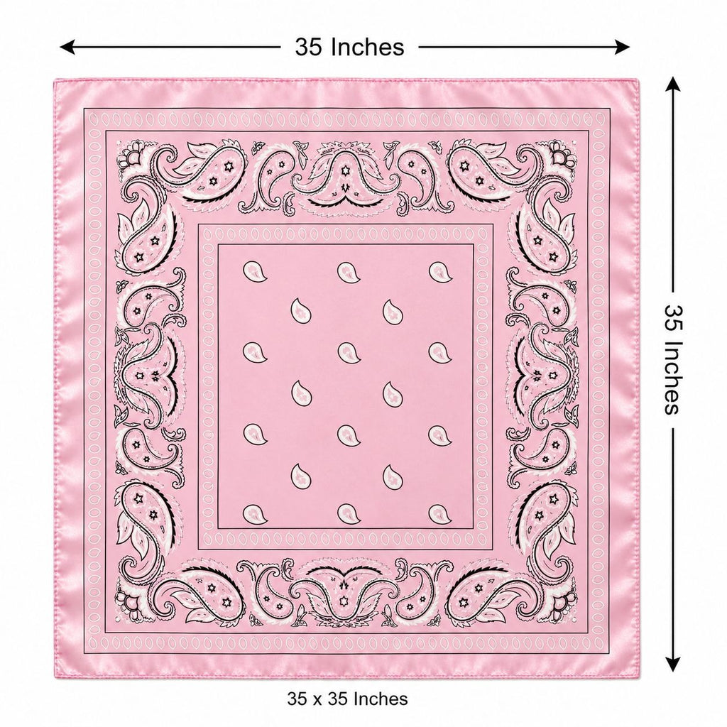 Pink square bandana with a paisley border and small teardrop motifs in the center, shown with dimension arrows and text indicating 35 inches by 35 inches.