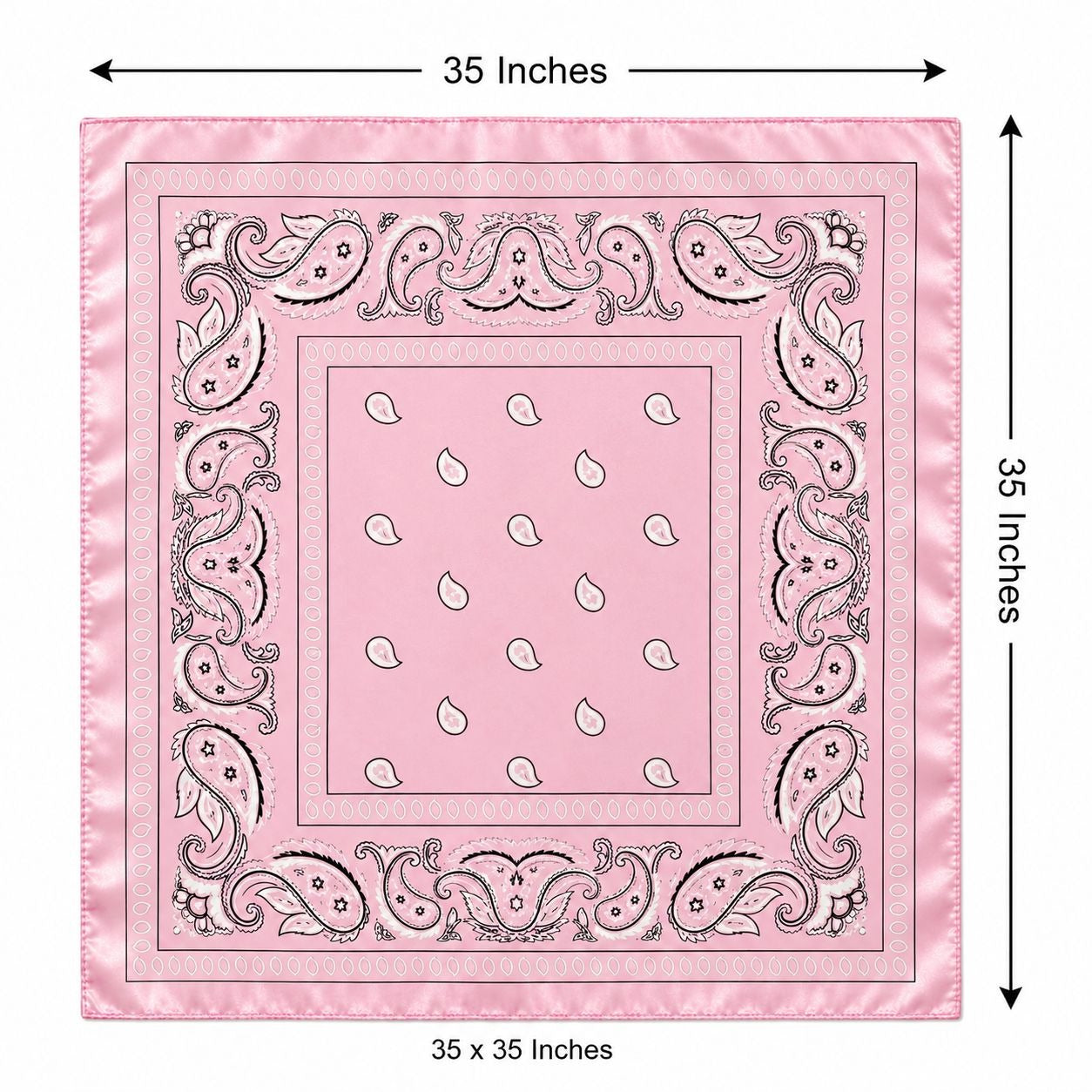 Pink square bandana with a paisley border and small teardrop motifs in the center, shown with dimension arrows and text indicating 35 inches by 35 inches.