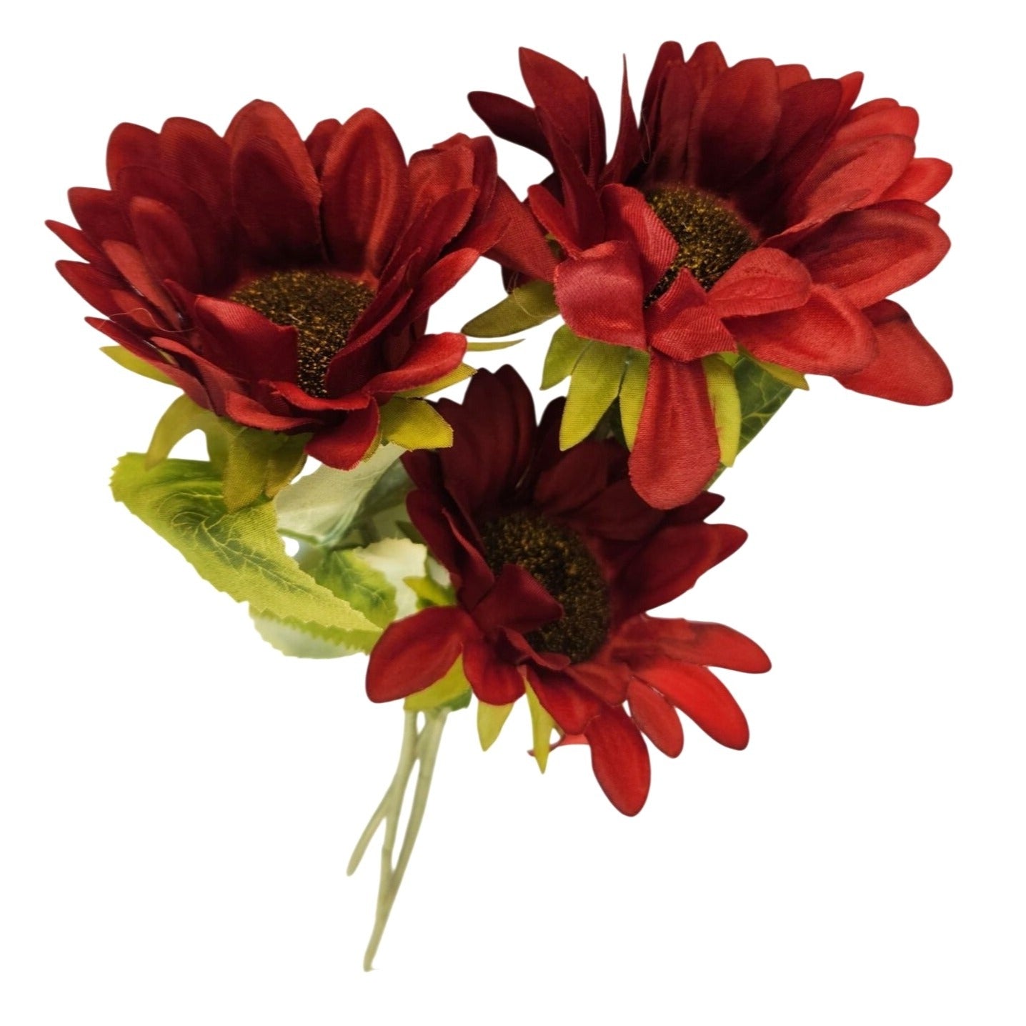 Burgundy Faux Silk Sunflower Stems 15 Inch 3 Stem Bunch Deep Red Artificial Flowers Decor