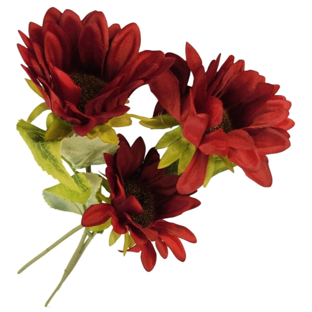 Burgundy Faux Silk Sunflower Stems 15 Inch 3 Stem Bunch Deep Red Artificial Flowers Decor