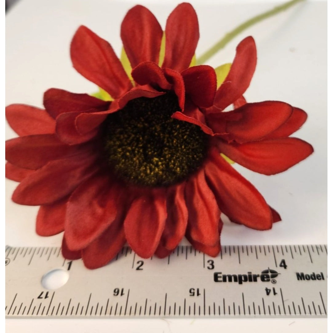 Burgundy Faux Silk Sunflower Stems 15 Inch 3 Stem Bunch Deep Red Artificial Flowers Decor