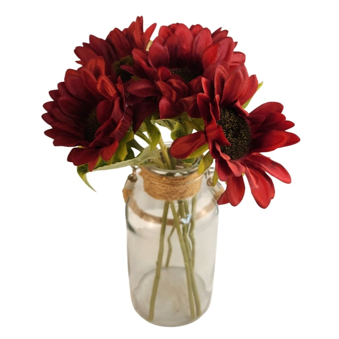 Burgundy Faux Silk Sunflower Stems 15 Inch 3 Stem Bunch Deep Red Artificial Flowers Decor
