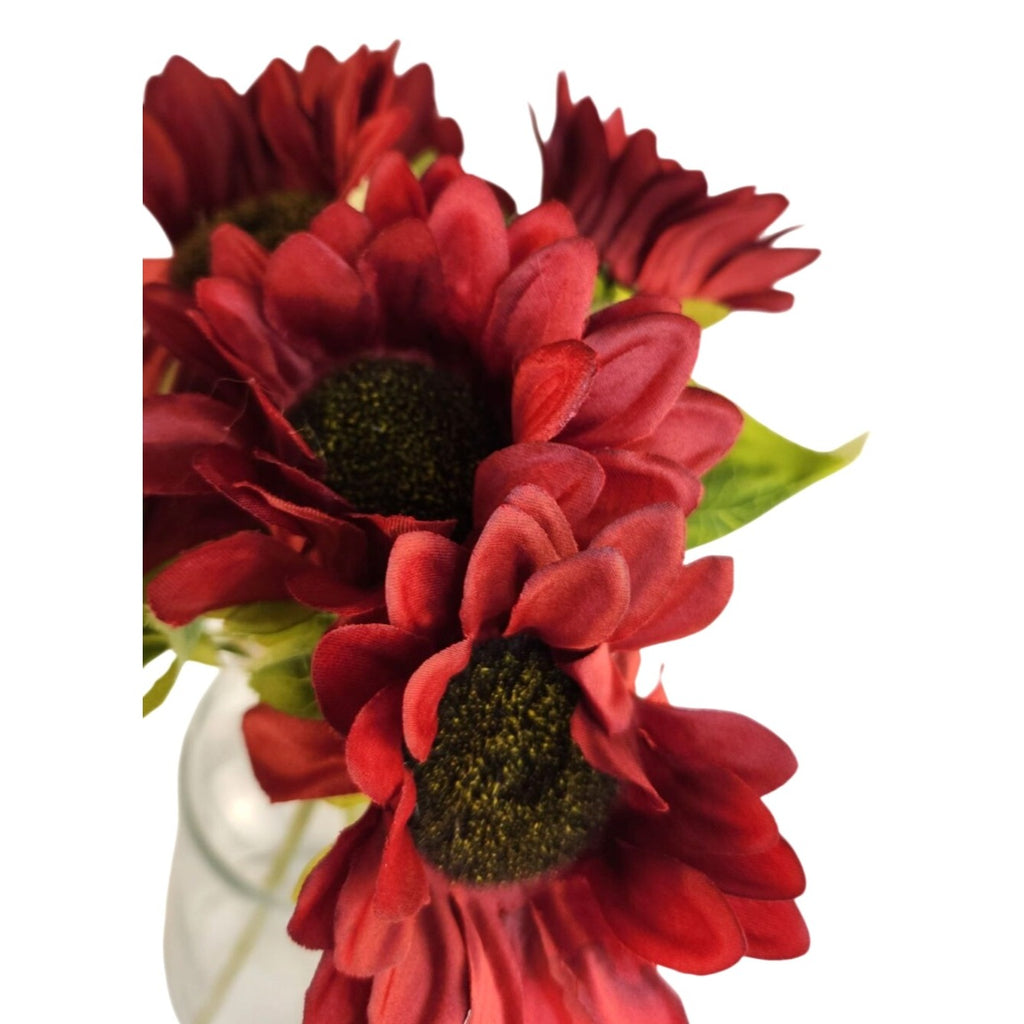 Burgundy Faux Silk Sunflower Stems 15 Inch 3 Stem Bunch Deep Red Artificial Flowers Decor