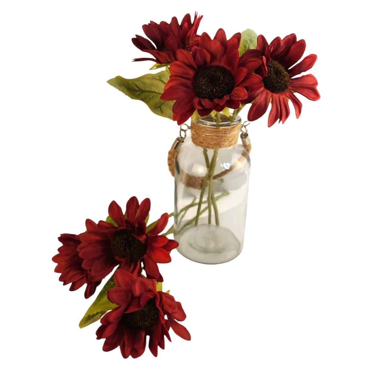 Burgundy Faux Silk Sunflower Stems 15 Inch 3 Stem Bunch Deep Red Artificial Flowers Decor