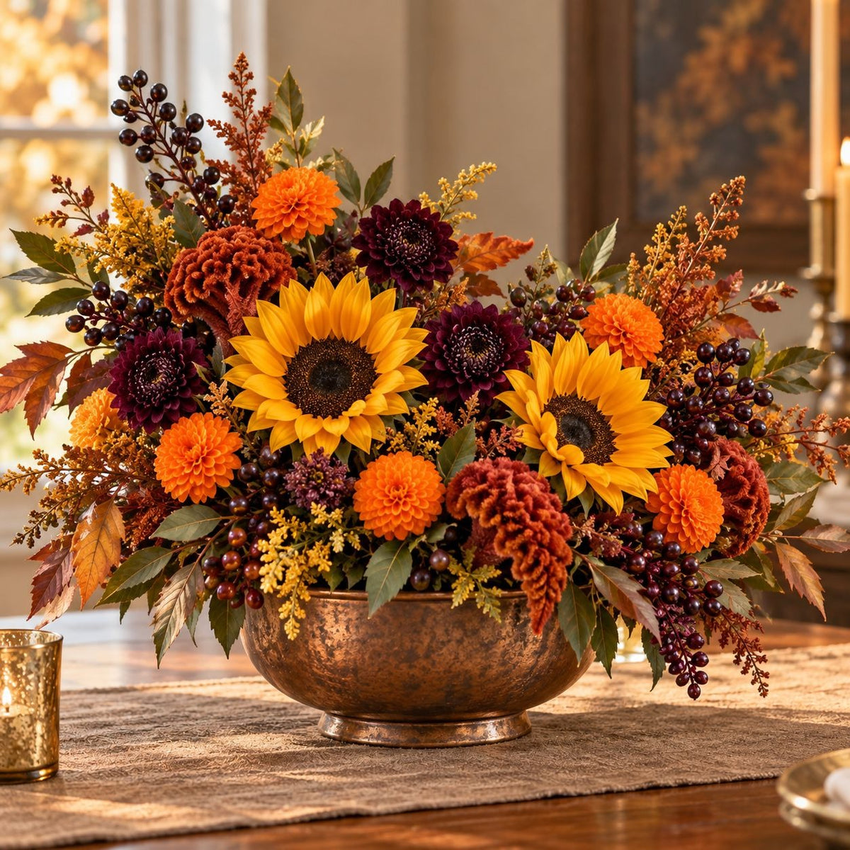 Faux Orange Mini Pom Pom Mums, Set of 4, 10 Inch, Pumpkin