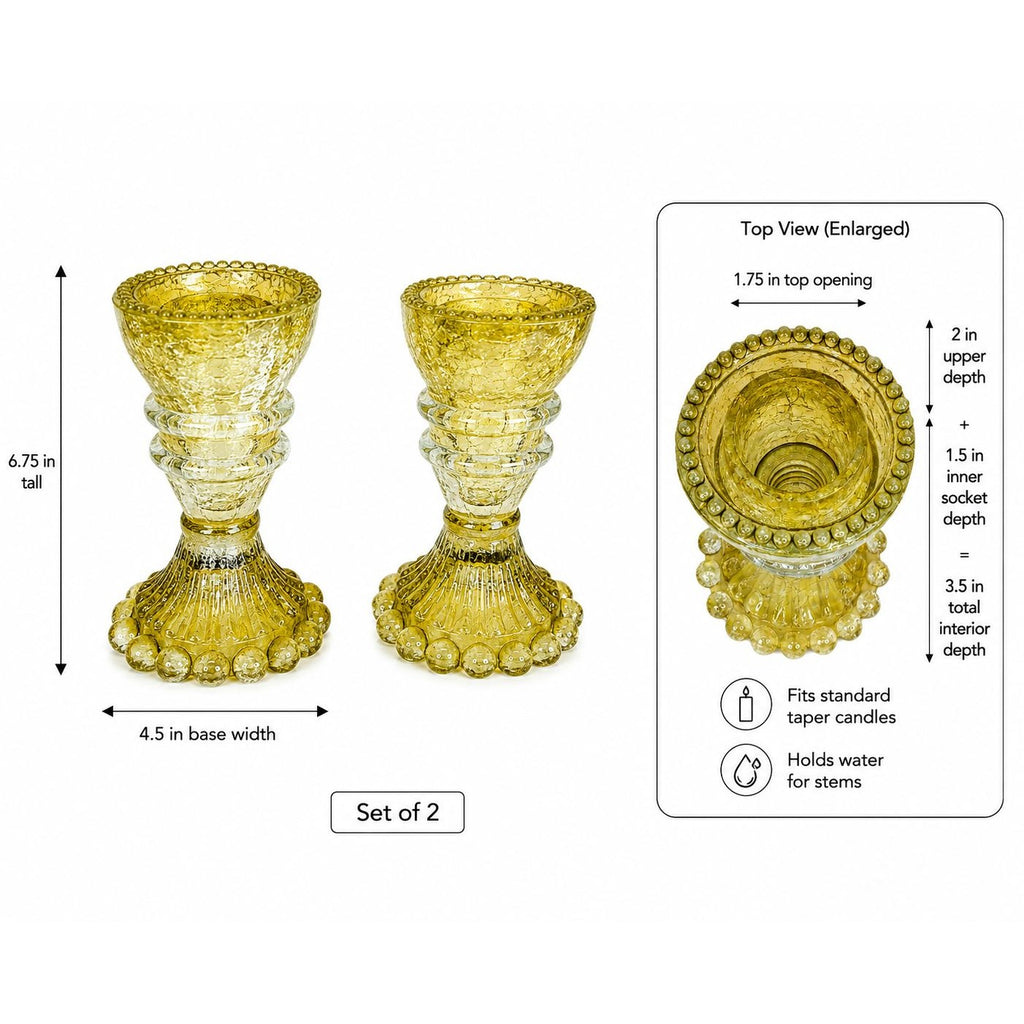 Two yellow glass candle holders shown on a white background with dimension callouts and a top-view inset. The image includes text indicating set of 2, height 6.