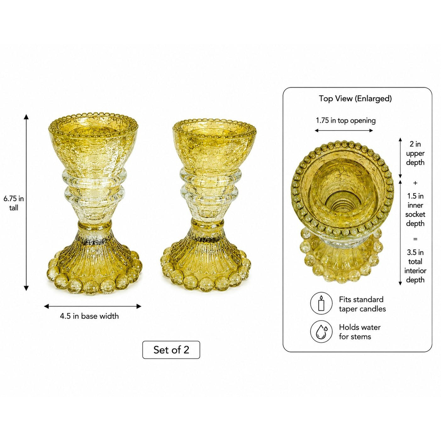 Two yellow glass candle holders shown on a white background with dimension callouts and a top-view inset. The image includes text indicating set of 2, height 6.