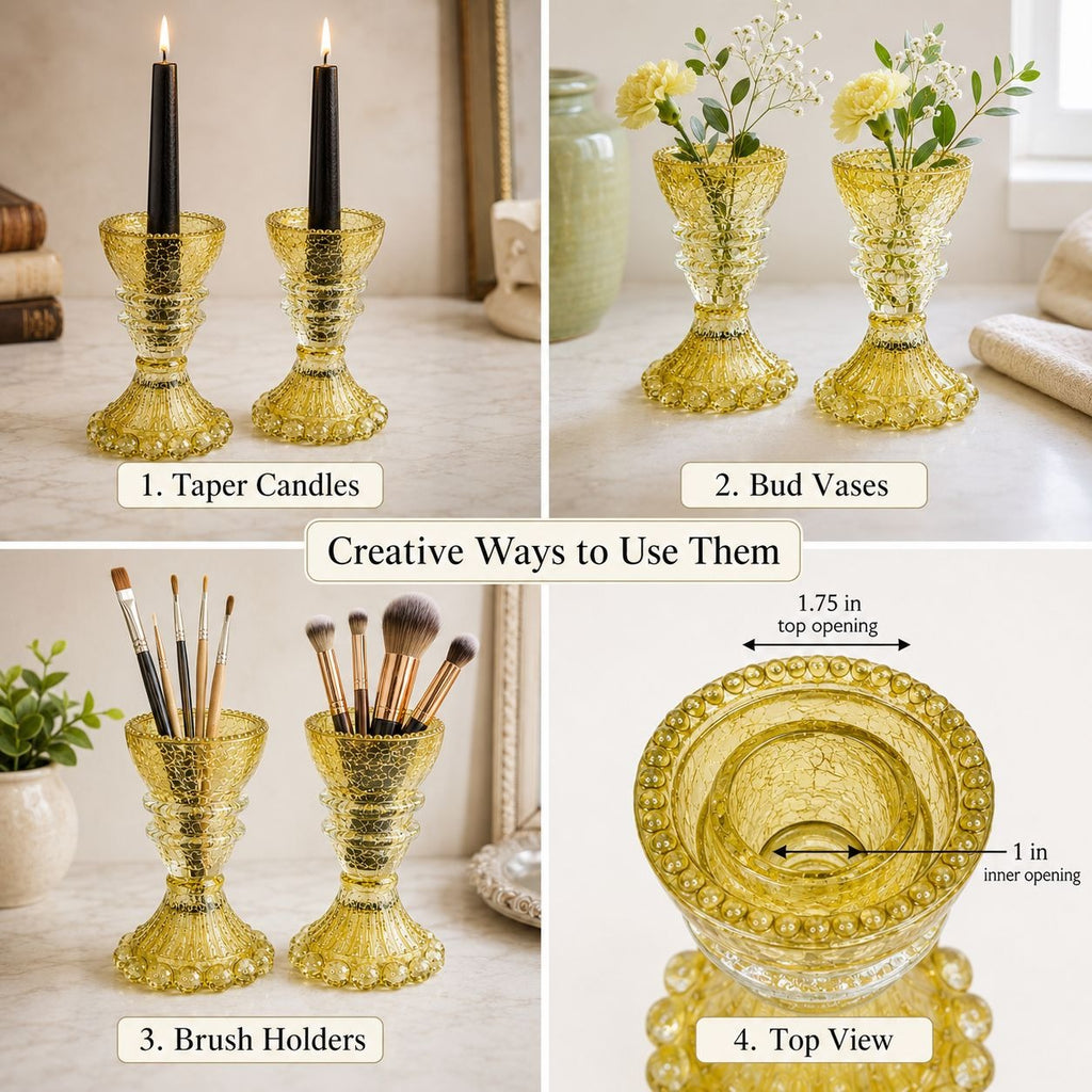 A four-panel collage showing a gold translucent candle holder vase used in four ways: holding two black taper candles, as a bud vase with flowers, as a brush holder with makeup brushes, and shown from a top view with dimensions labeled.