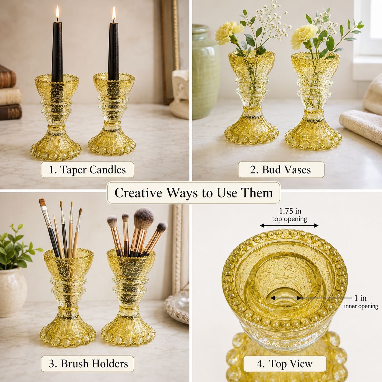 A four-panel collage showing a gold translucent candle holder vase used in four ways: holding two black taper candles, as a bud vase with flowers, as a brush holder with makeup brushes, and shown from a top view with dimensions labeled.