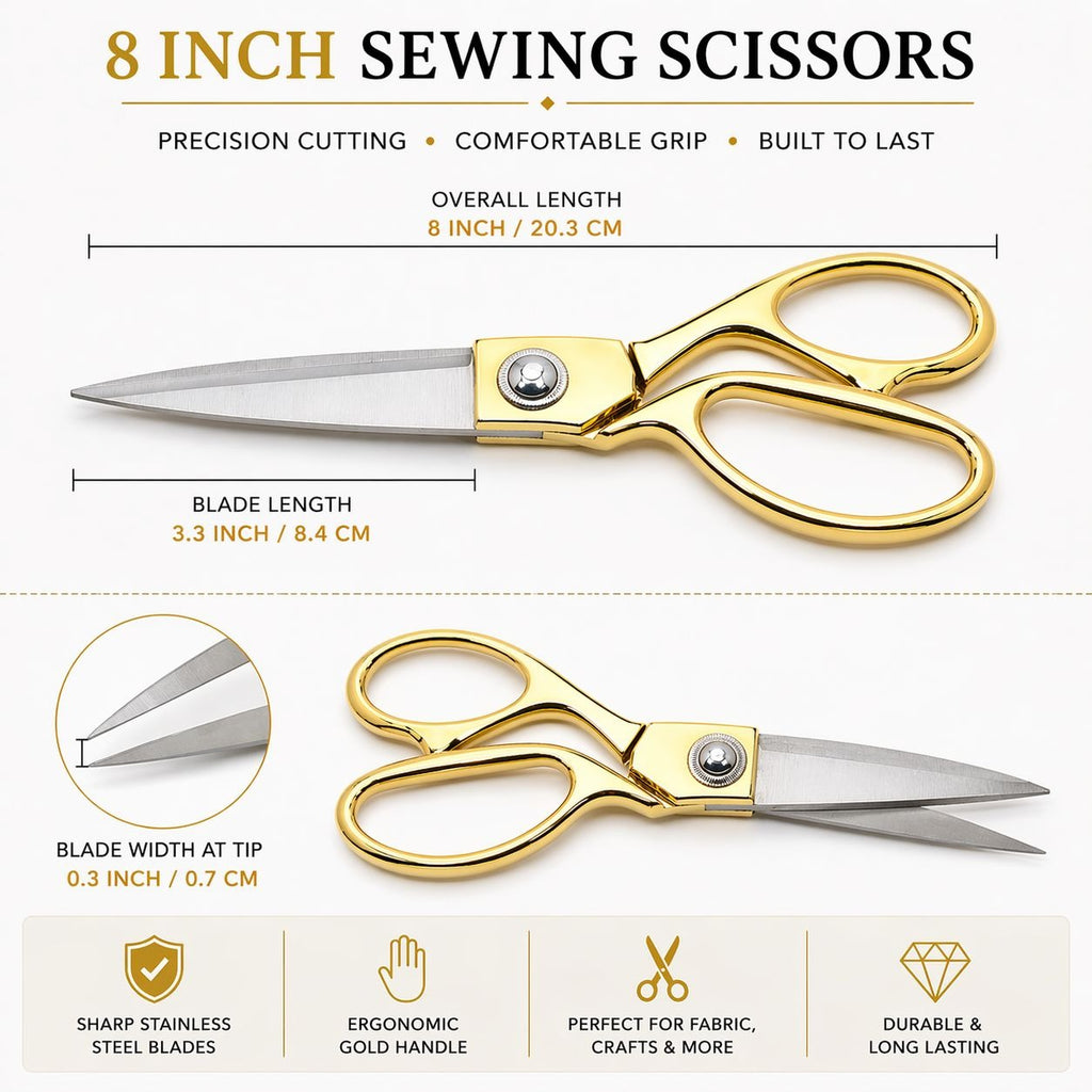 Gold Handle Sewing Scissors 8 Inch Stainless Steel Silver Blades Tailor Shears Fabric Cutting