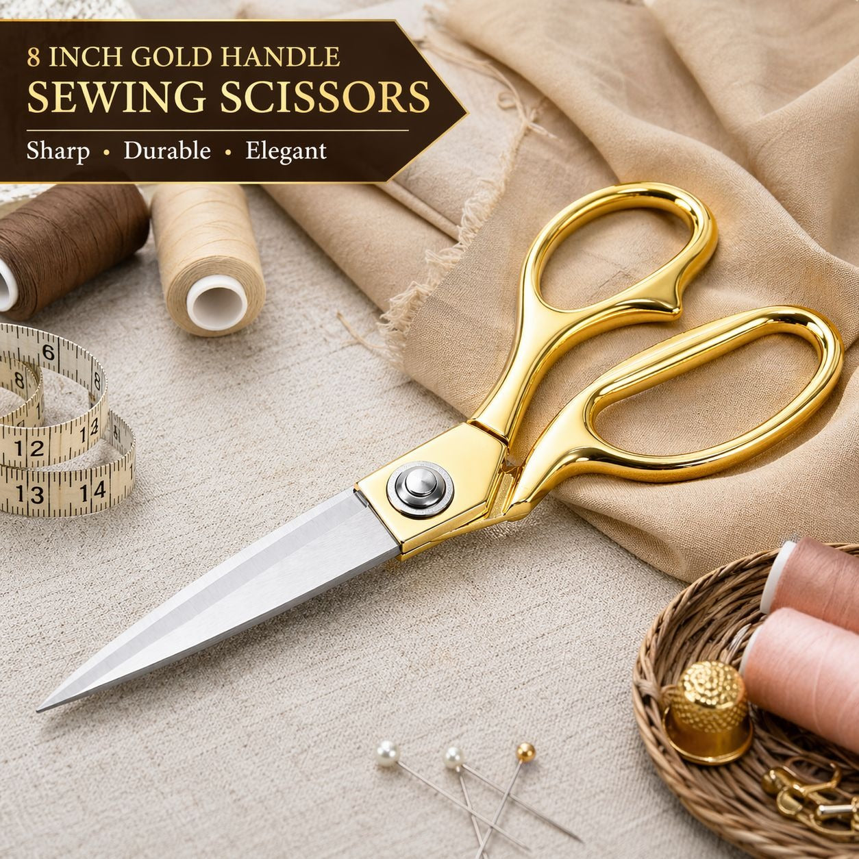 Gold Handle Sewing Scissors 8 Inch Stainless Steel Silver Blades Tailor Shears Fabric Cutting