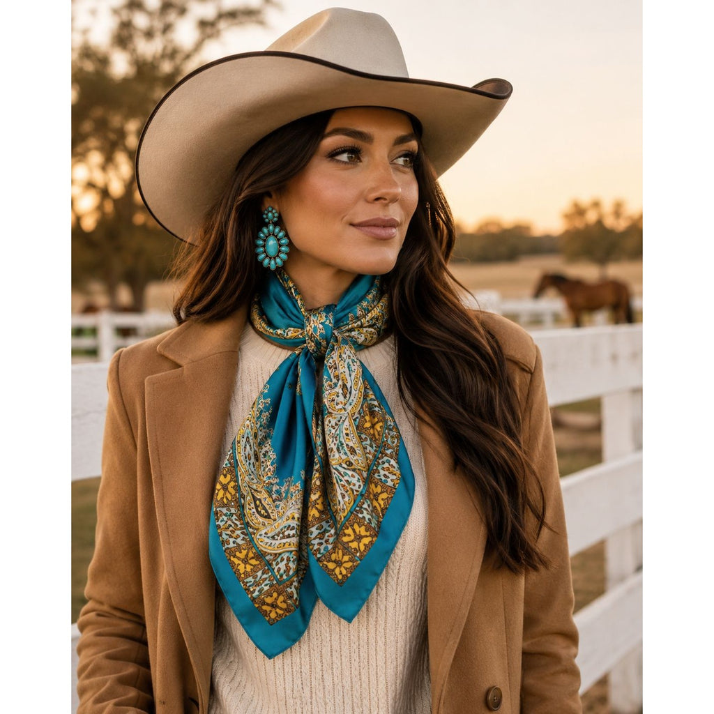 Turquoise Paisley Wild Rag Scarf 35x35 Satin Western Cowgirl Scarf Rodeo Boutique Fashion