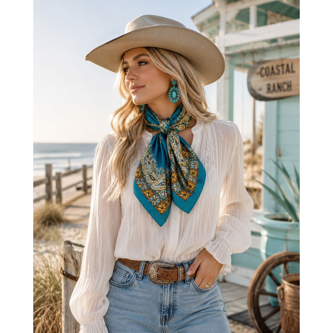 Turquoise Paisley Wild Rag Scarf 35x35 Satin Western Cowgirl Scarf Rodeo Boutique Fashion