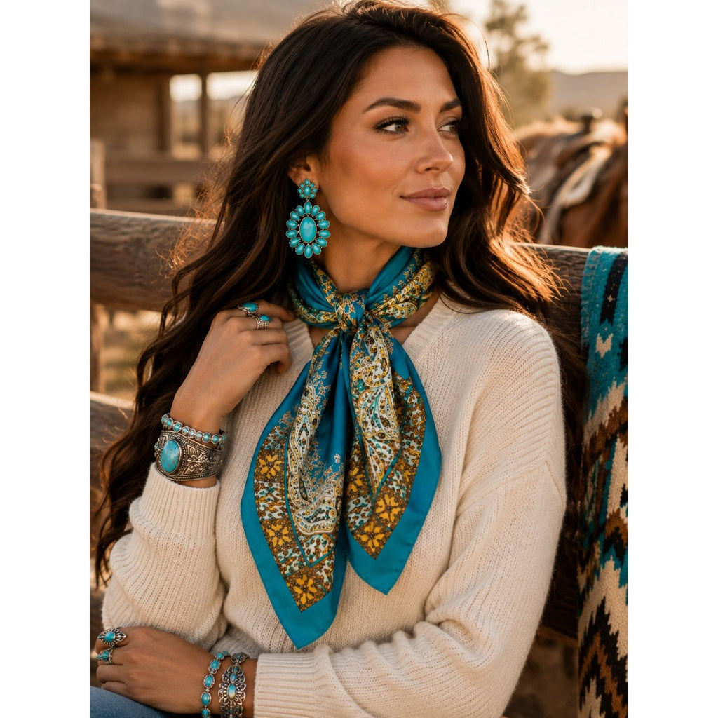 Turquoise Paisley Wild Rag Scarf 35x35 Satin Western Cowgirl Scarf Rodeo Boutique Fashion