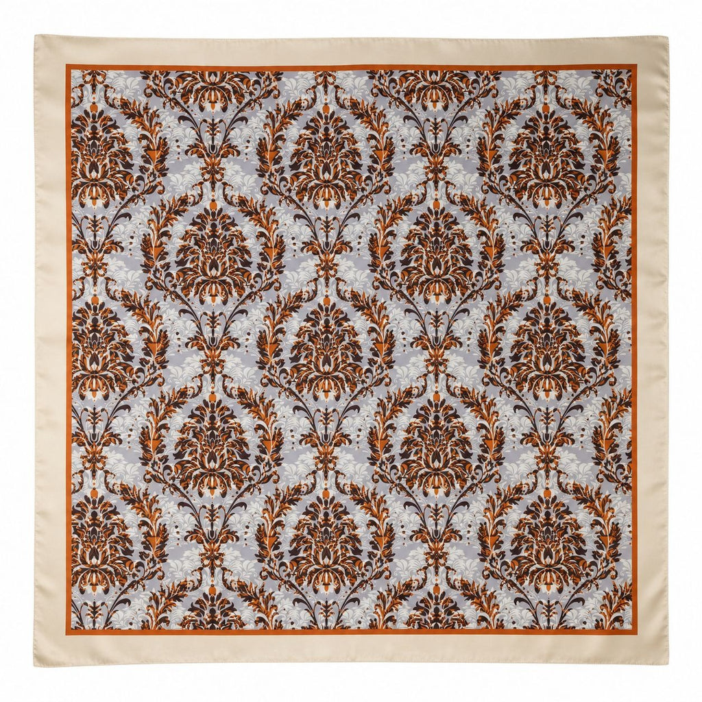 Cream Gray Rust Damask Wild Rag Scarf 35x35 Satin Polyester Western Cowgirl