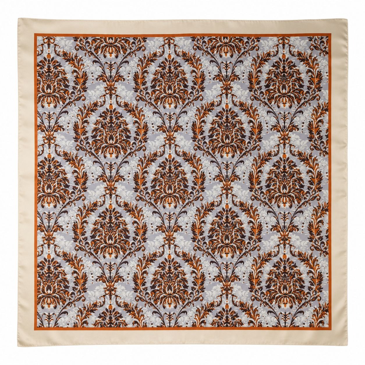 Cream Gray Rust Damask Wild Rag Scarf 35x35 Satin Polyester Western Cowgirl
