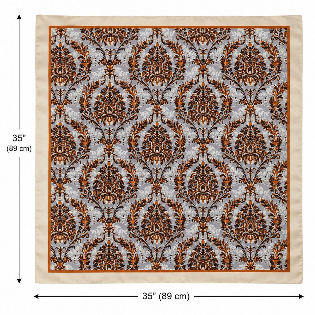 Cream Gray Rust Damask Wild Rag Scarf 35x35 Satin Polyester Western Cowgirl