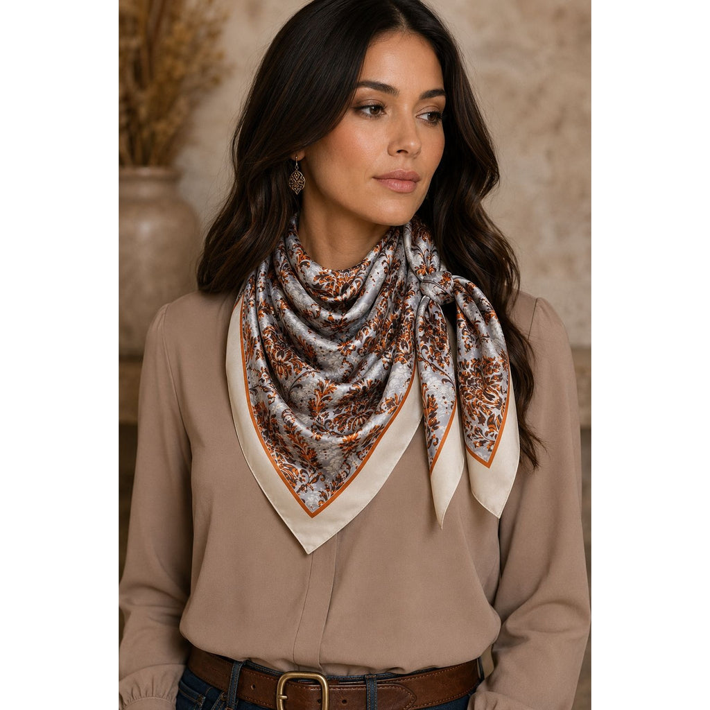 Cream Gray Rust Damask Wild Rag Scarf 35x35 Satin Polyester Western Cowgirl