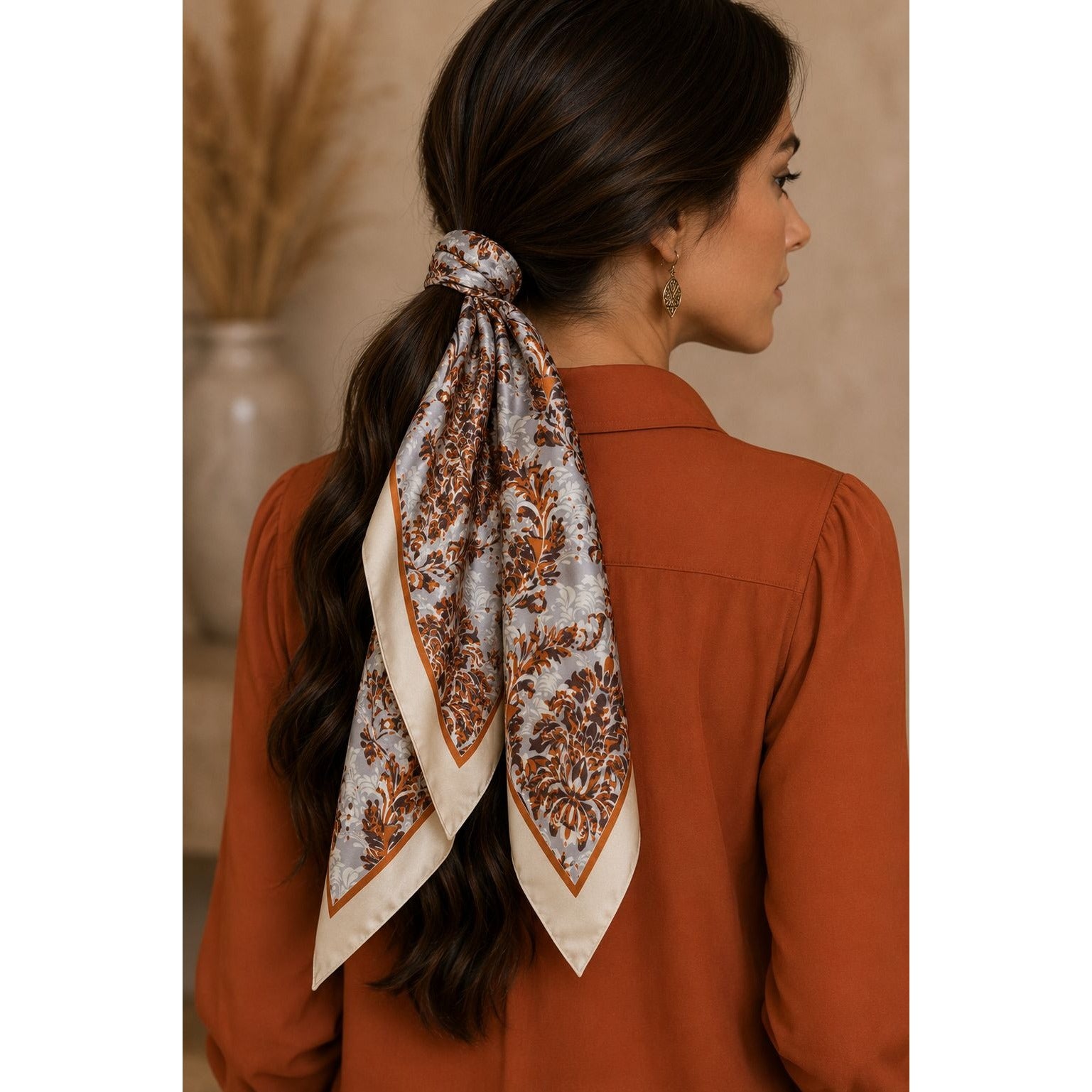 Cream Gray Rust Damask Wild Rag Scarf 35x35 Satin Polyester Western Cowgirl