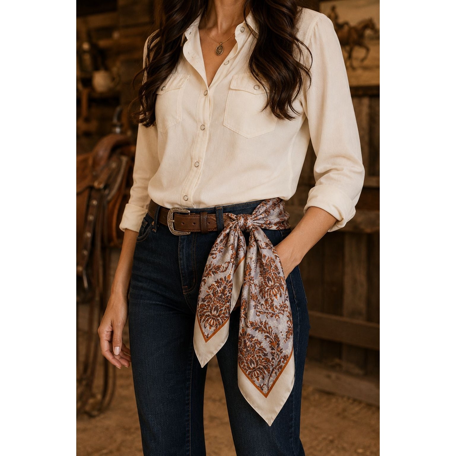 Cream Gray Rust Damask Wild Rag Scarf 35x35 Satin Polyester Western Cowgirl