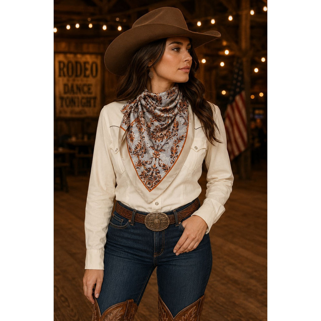 Cream Gray Rust Damask Wild Rag Scarf 35x35 Satin Polyester Western Cowgirl