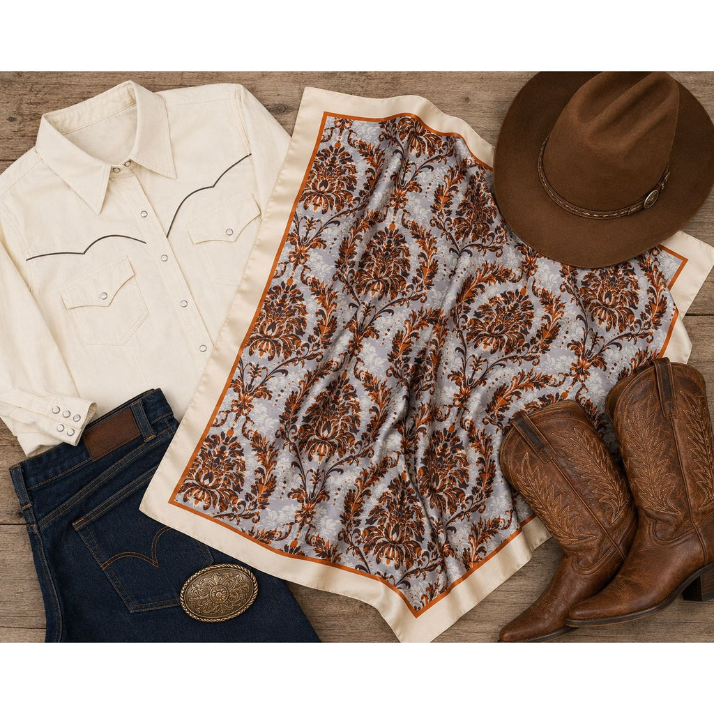 Cream Gray Rust Damask Wild Rag Scarf 35x35 Satin Polyester Western Cowgirl